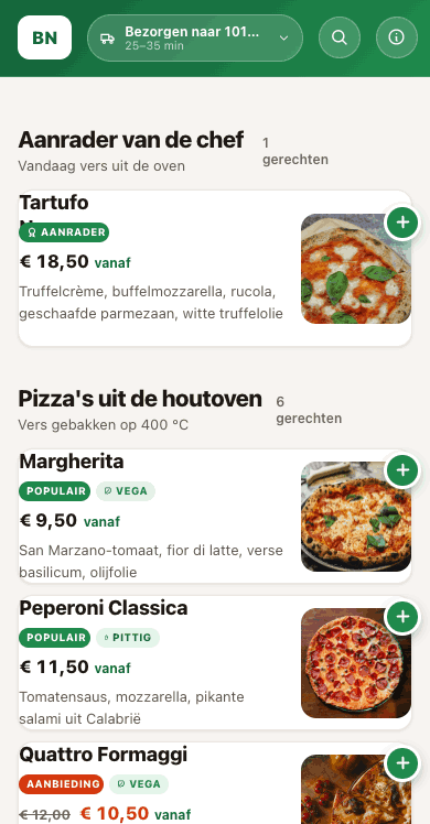 Eigen bestelsite van het restaurant op mobiel — menukaart met productfoto's onder eigen merk en domein